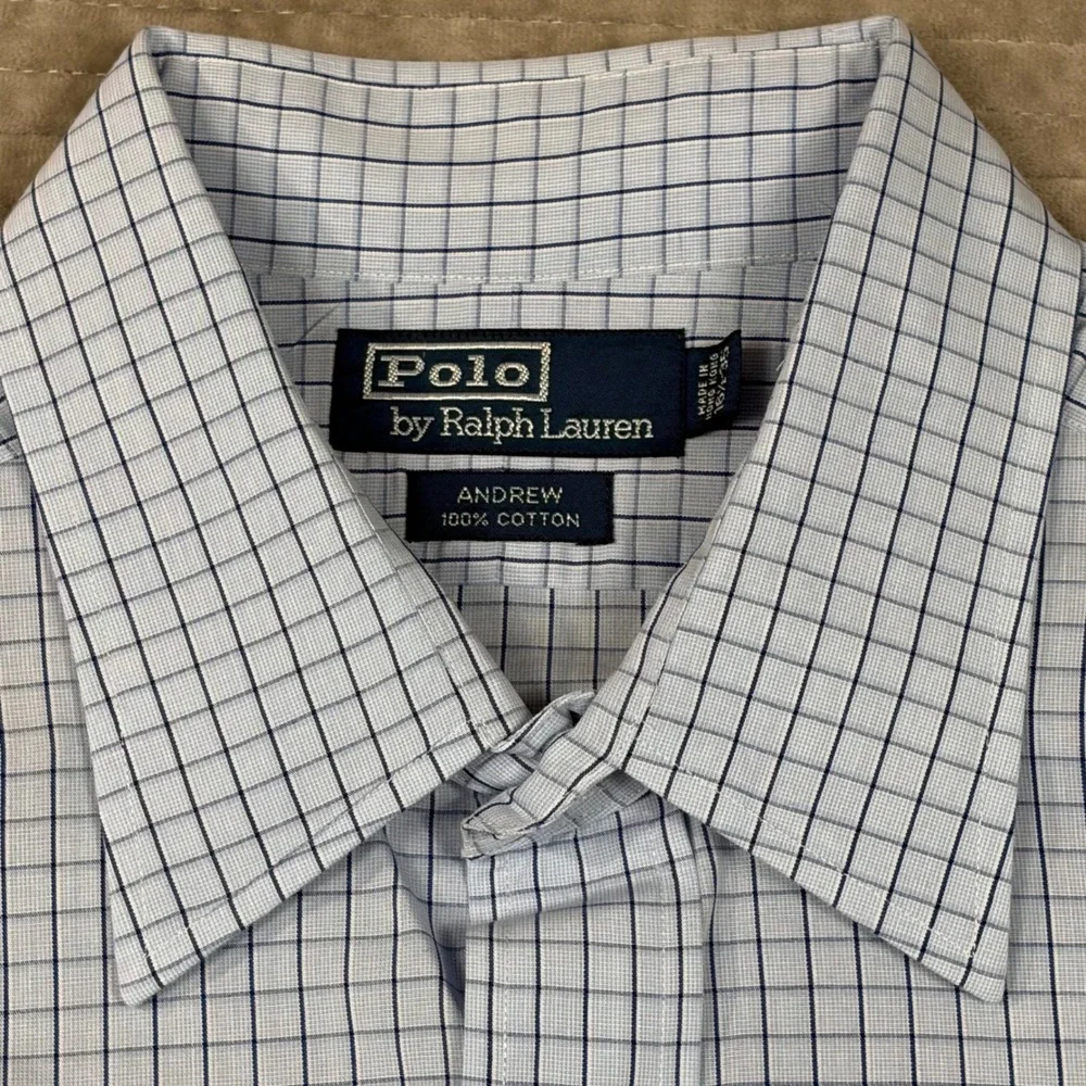 Polo Ralph Lauren Andrew Shirt Mens 16.5 35 Blue White Grid Check Vintage Cotton